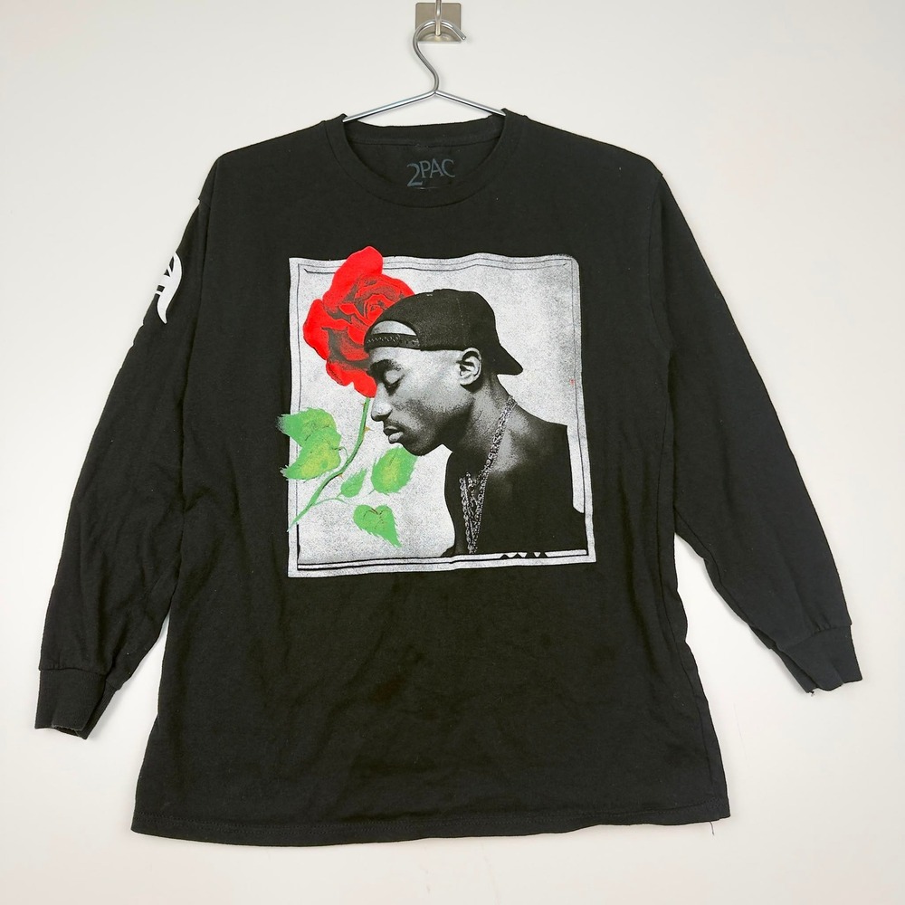 Tupac 2Pac Rose Graphic Long Sleeve T-Shirt Black Rap Hip Hop Men's XS